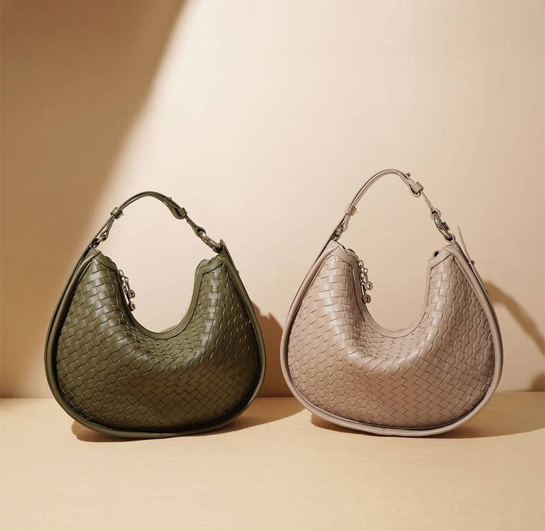 Genuine Leather Woven Crescent Moon Bag