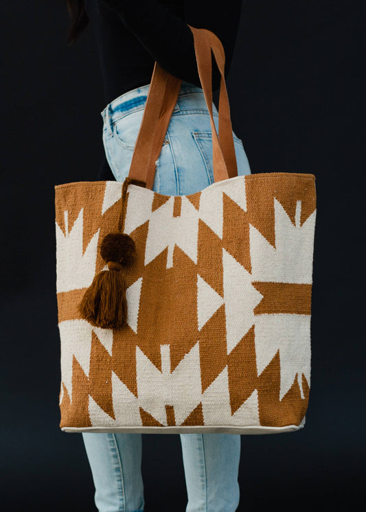 Hand Woven Camel & Cream Aztec Tote