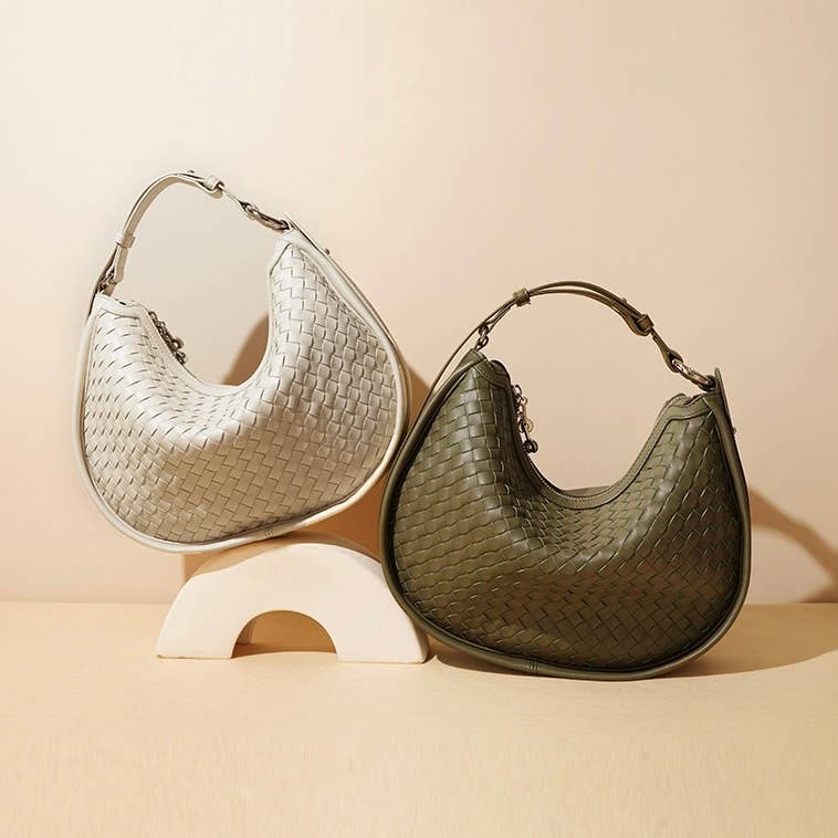 Genuine Leather Woven Crescent Moon Bag