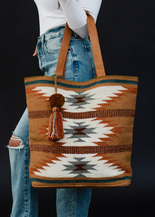 Hand Woven Brown, Rust & Teal Aztec Tote