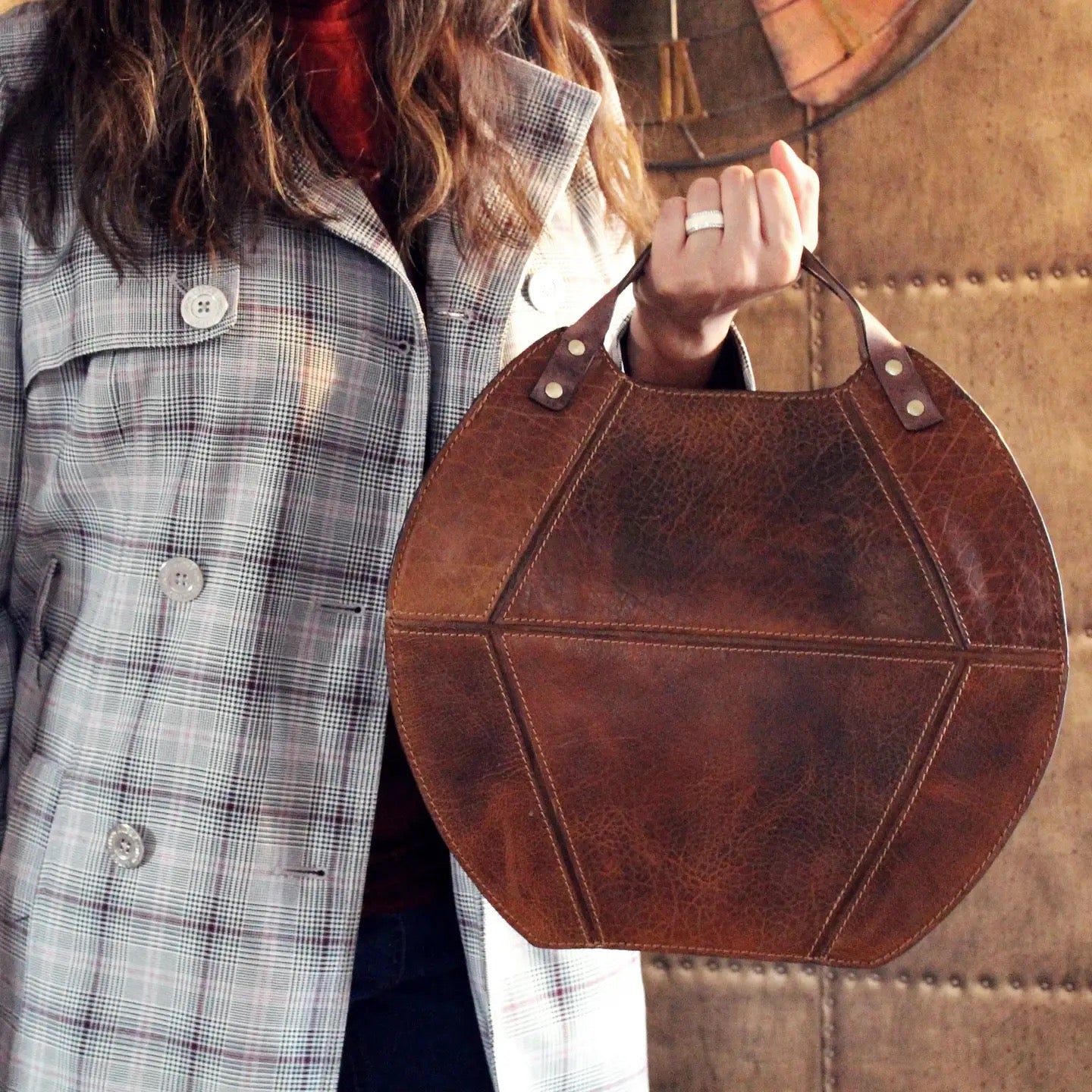 Handmade Womens Leather Handbag Shoulder Bag Round Tote