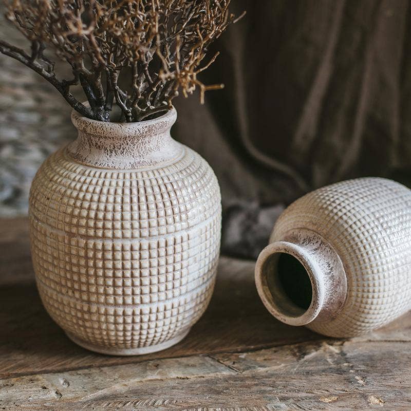 White Textured Porcelain Ceramic Jar Vase